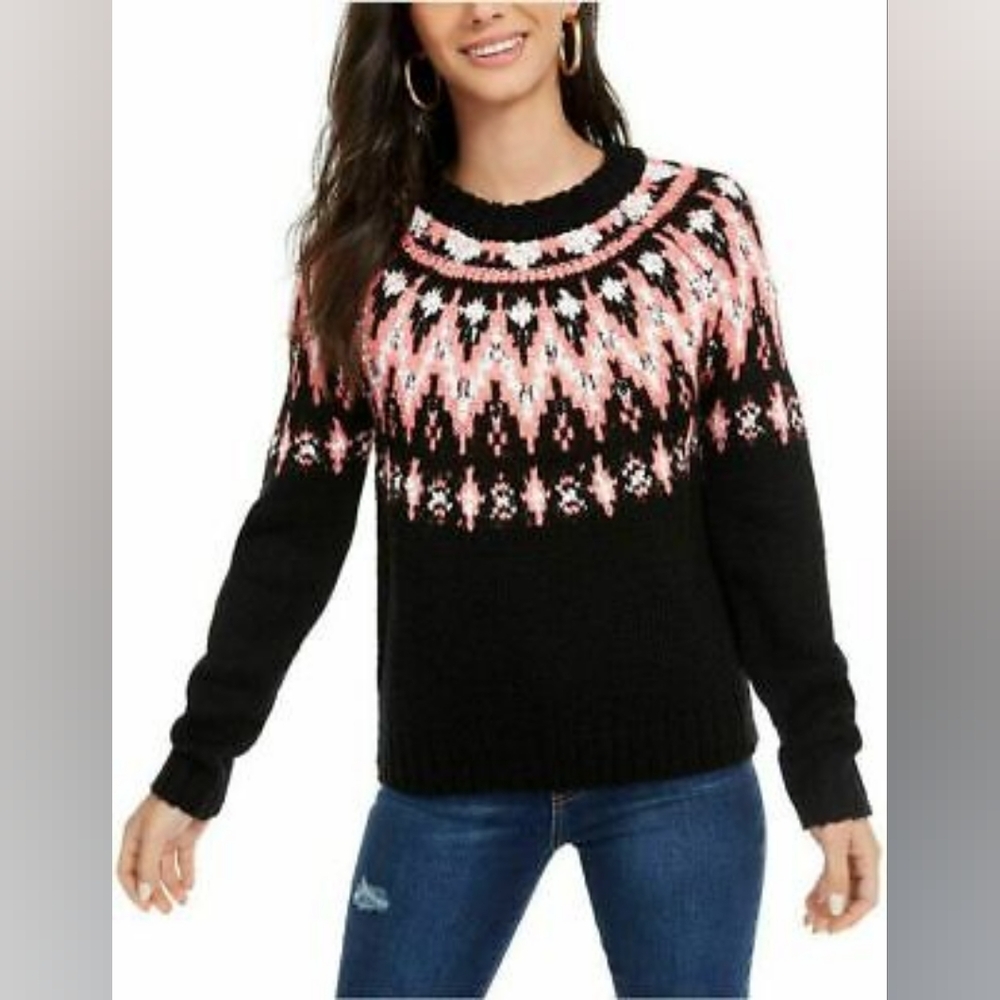 Hooked Up by IOT Black and Pink Nordic Crew Neck Sweater